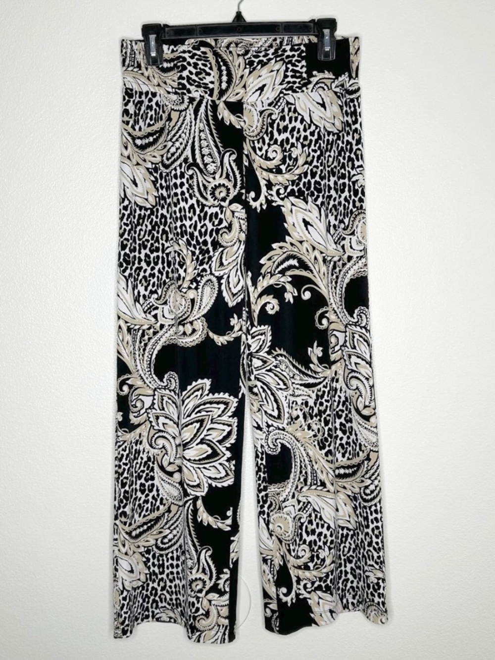 CACHE Womens Beige & Black Paisley Animal Print Wide Leg Pull-On Pants Size 2